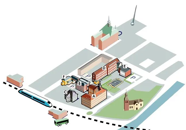 Illustration som visar de olika husen på S:t Eskils gymnasium.
